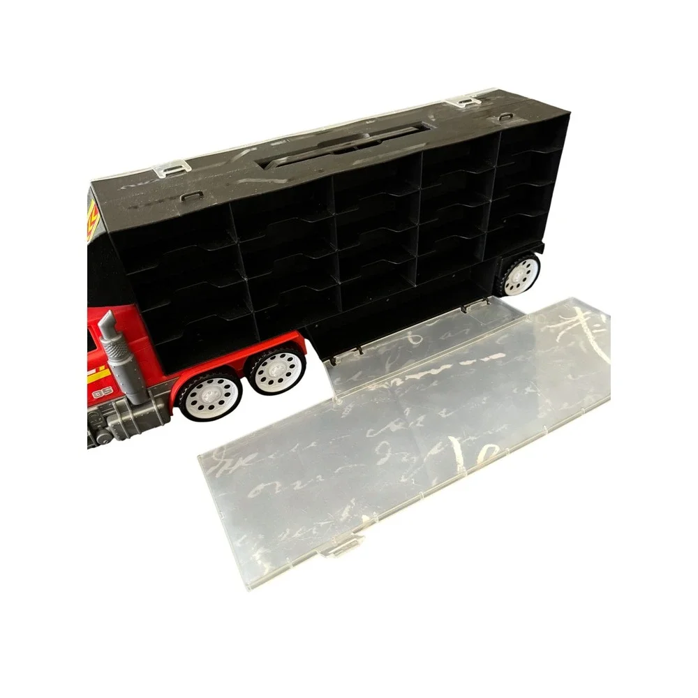 Fire Rescue Toy Truck Carrier Case Red Semi Trailer Holds 24 Diecast Cars